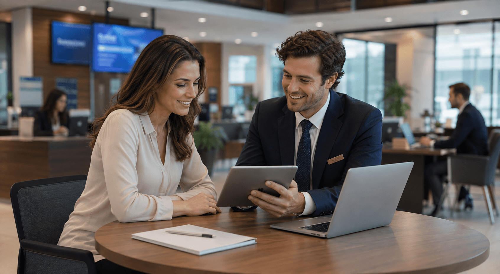 rofessional banker and customer with US features reviewing a tablet together at a round table in a modern bank branch, with a laptop nearby and advisors assisting clients in the softly blurred background.